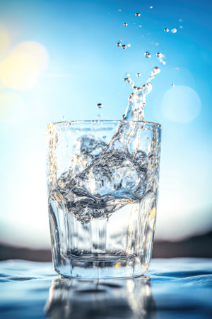 An ice cube falling into a glass of fresh water Generative AI Illustration.の素材