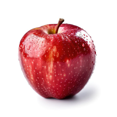A fresh organic raw red apple with water drops for fruit salad recipes on white background Generative AI Illustration.の素材