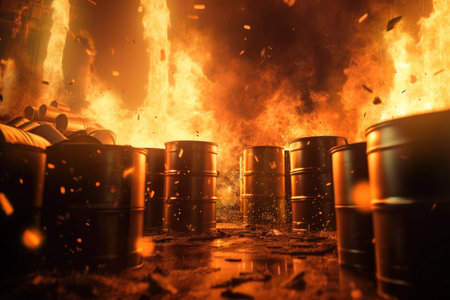 Black fuel barrels full of crude oil from a refinery burning and exploding movie scene Generative AI Illustration.の素材