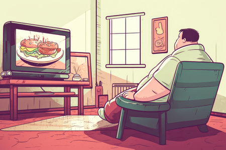 An obese man sitting on the couch watching fast food on the television sedentary bad health habits Generative AI Illustration.の素材