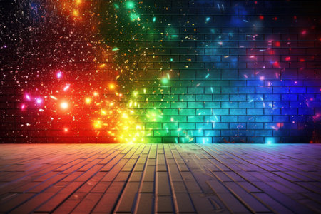 Modern background photo scenario with mosaic floor and wall and multi color lighting effects Generative AI Illustration.の素材