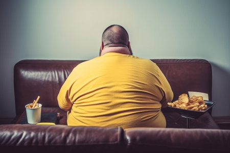 An obese man sitting on the couch eating fast food bad health habits Generative AI Illustration.の素材