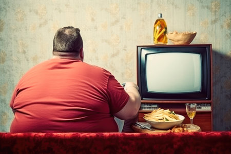 An obese man sitting on the couch eating fast food drinking alcohol and watching television bad health habits Generative AI Illustration.の素材