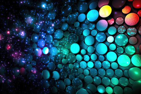 Multi color abstract 3D background scenario wall with circular geometric shapes and lighting effects Generative AI Illustration.の素材