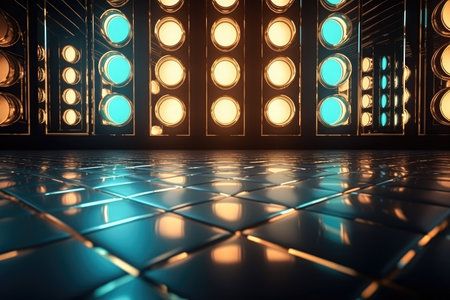 Scenery with bright mosaic floor and background with yellow and blue light projectors Generative AI Illustration.の素材