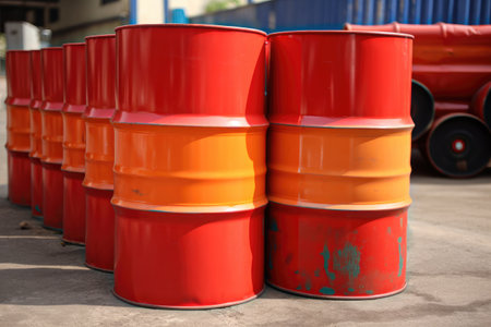 Red and yellow fuel barrels full of crude oil from a refinery ready for transportation Generative AI Illustration.の素材