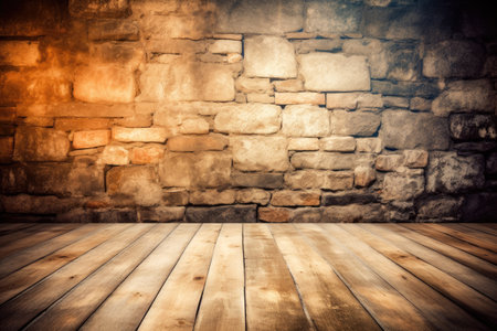 Grunge background photo scenario with wood floor and stones wall and lighting effects Generative AI Illustration.の素材
