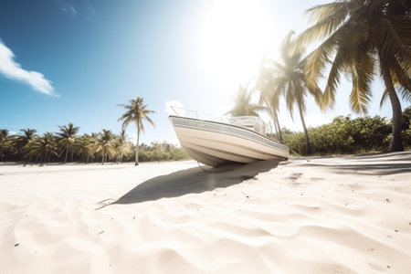 Landscape of a boat on a paradisiacal beach with white sand and palm trees Generative AI Illustration.の素材