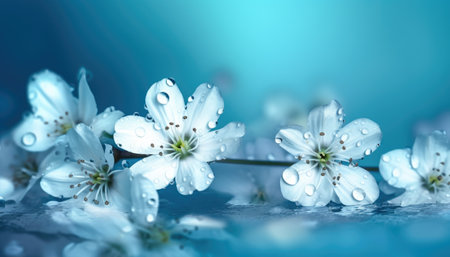 Soft and delicate background with fresh white flowers and blue tones Generative AI Illustration.の素材