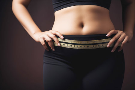 A woman measuring the waist with a measuring tape exercise fitness and health Generative AI Illustration.の素材