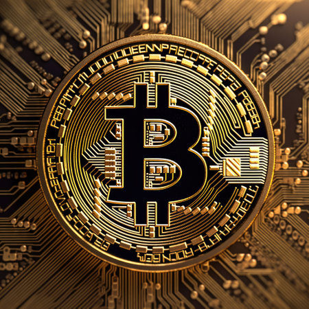 Digital currency bitcoin in an electrical golden circuit Generative AI Illustration.の素材