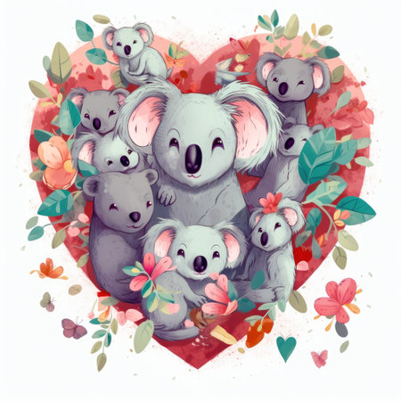 Painting illustration of a family of koalas with leaves with a heart background Generative AI.の素材