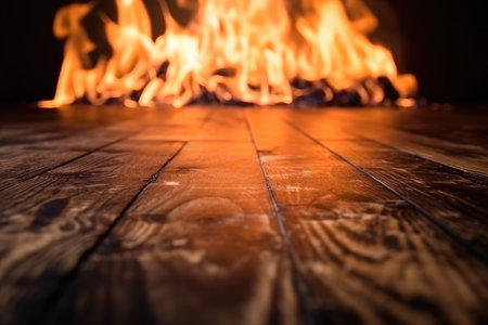 Fireplace of an abandoned room house with vintage old wooden floor grunge retro background Generative AI Illustration.の素材