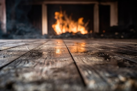 Fireplace of an abandoned living room house with vintage old wooden floor grunge retro background Generative AI Illustration.の素材