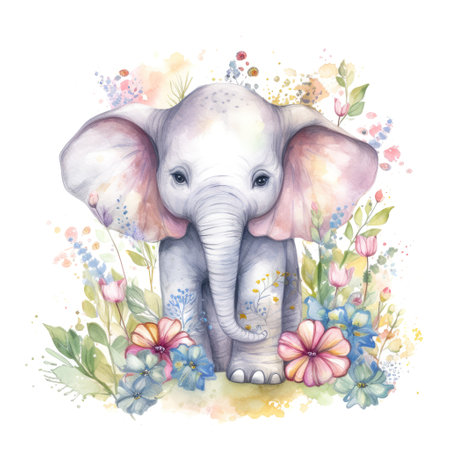 Painting of an adorable baby elephant with spring colorful flowers watercolors Generative AI Illustration.の素材