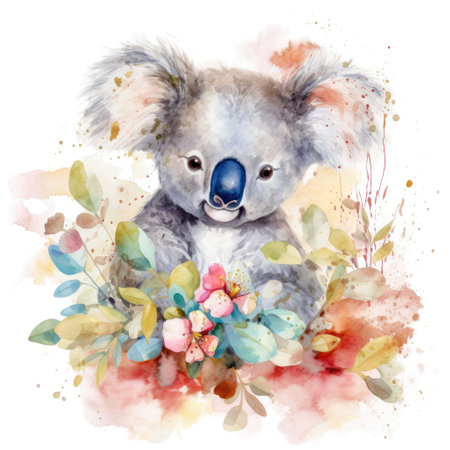 Painting of a cute koala with spring colorful flowers watercolors Generative AI Illustration.の素材