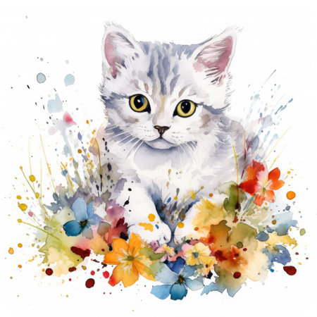 Painting of a cute baby cat with spring colorful flowers watercolors Generative AI Illustration.の素材