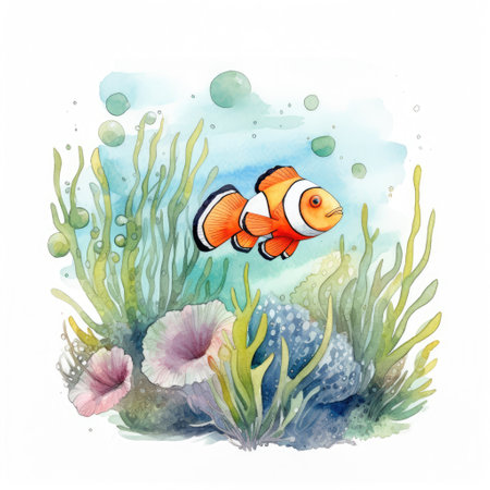 Painting of cute clown fish in a marine environment with seaweeds watercolors Generative AI Illustration.の素材
