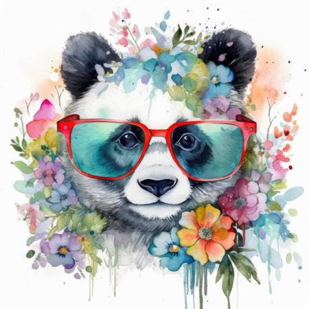 Painting of a cute panda with red sunglasses and spring colorful flowers watercolors Generative AI Illustration.の素材