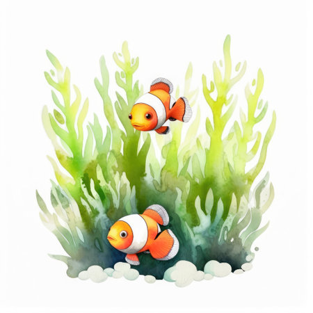 Painting of cute clown fishes with green seaweed watercolors Generative AI Illustration.の素材