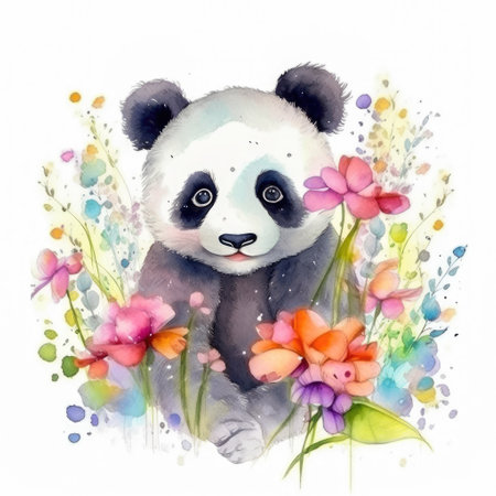 Painting of a cute panda in the nature with spring colorful flowers watercolors Generative AI Illustration.の素材