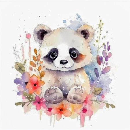 Painting of a cute panda with spring colorful flowers watercolors Generative AI Illustration.の素材