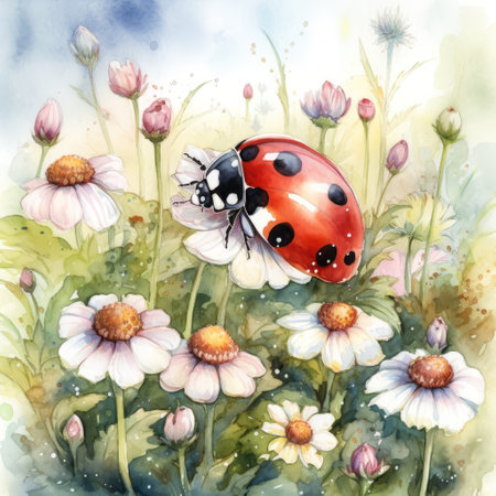 Painting of a cute ladybug in the nature with spring colorful flowers watercolors Generative AI Illustration.の素材