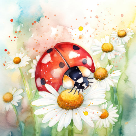 Painting of a cute ladybug with spring colorful flowers watercolors Generative AI Illustration.の素材