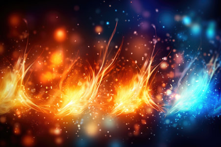 Abstract background with fire and flames effects and bokeh multi color lighting effects Generative AI Illustration.の素材