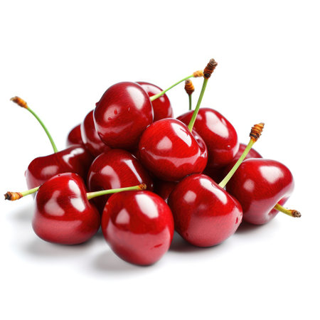 Pile of fresh raw organic ripe cherries with white background Generative AI Illustration.の素材