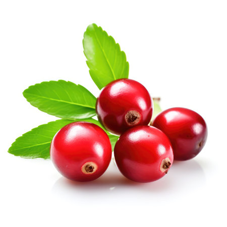 Fresh organic raw ripe red cranberries and green leaves with white background Generative AI Illustration.の素材