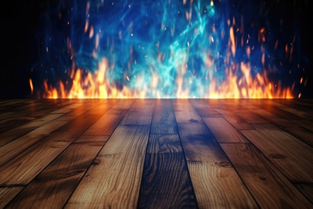Background scenario wall for photography with an grunge wooden floor and blurred fire and flames at the back Generative AI Illustration.の素材