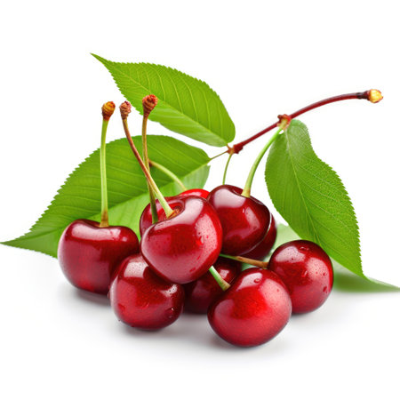 Closeup of fresh raw organic ripe cherries and green leaves with white background Generative AI Illustration.の素材
