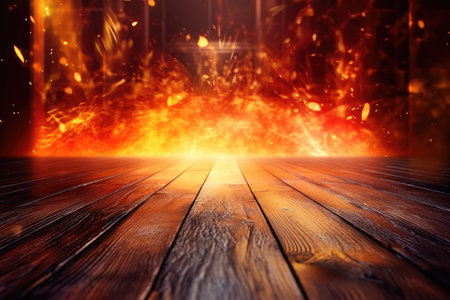 Background scenario wall for photography with an old wooden floor and blurred fire and flames at the back Generative AI Illustration.の素材