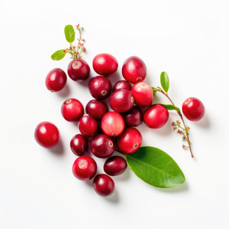 Top view of fresh raw organic ripe red cranberries and green leaves with white background Generative AI Illustration.の素材