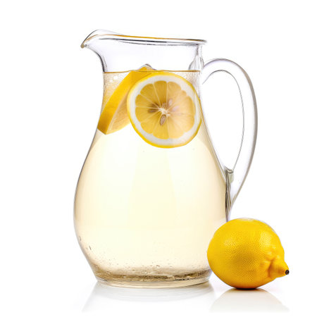 Jar with fresh lemonade made with water and lemon on white background Generative AI Illustration.の素材