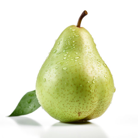 Fresh organic raw ripe pear and a green leaf on white background Generative AI Illustration.の素材