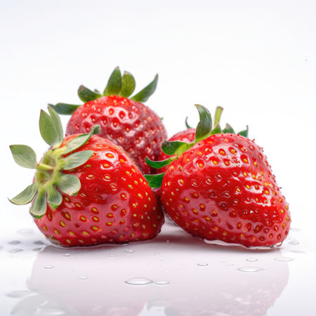 Set of organic raw ripe fresh red strawberries on white background Generative AI Illustration.の素材