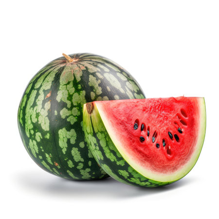 Organic raw ripe fresh whole watermelon and slice on white background Generative AI Illustration.の素材