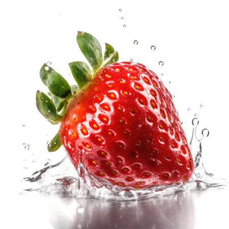 Organic raw ripe fresh red strawberry falling in water on white background Generative AI Illustration.の素材