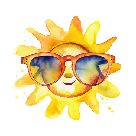 Water colored painting illustration of a sun with big sunglasses summertime kids vacations on white background Generative AI.の素材