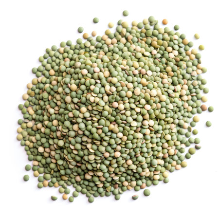 Pile of a raw and dried organic green lentils on white background Generative AI Illustration.の素材