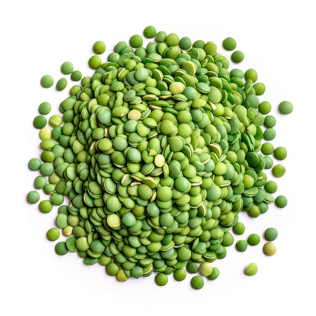 Pile of a raw and dried organic green ripe lentils on white background Generative AI Illustration.の素材