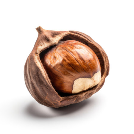 Ripe raw organic hazelnut sliced and opened on white background Generative AI Illustration.の素材