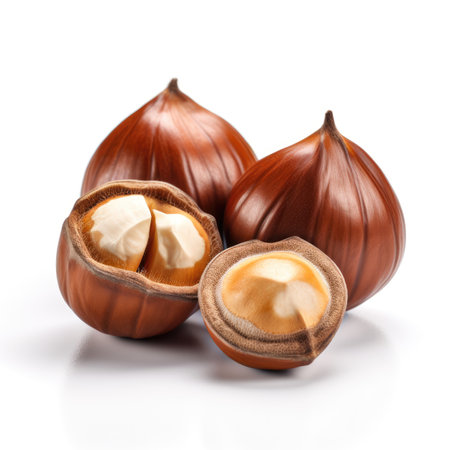 Set of a organic raw ripe hazelnuts whole and sliced and opened on white background Generative AI Illustration.の素材