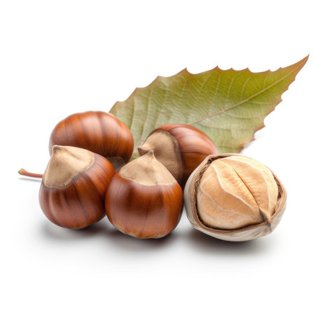 Set of a raw ripe organic hazelnuts whole and sliced and opened and a dry leaf on white background Generative AI Illustration.の素材