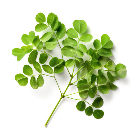 Fresh branch of raw green organic leaves of moringa on white background Generative AI Illustration.の素材