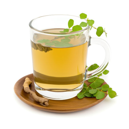A glass cup of natural tea and moringa leaves on white background Generative AI Illustration.の素材
