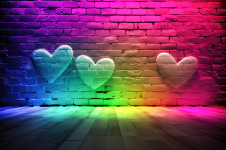 Background scenario wall with wood floor and bricks wall with hearts and multi color lighting effects Generative AI Illustration.の素材