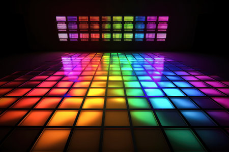 Abstract colorful background wall for photography with multi color tile floor Generative AI Illustration.の素材